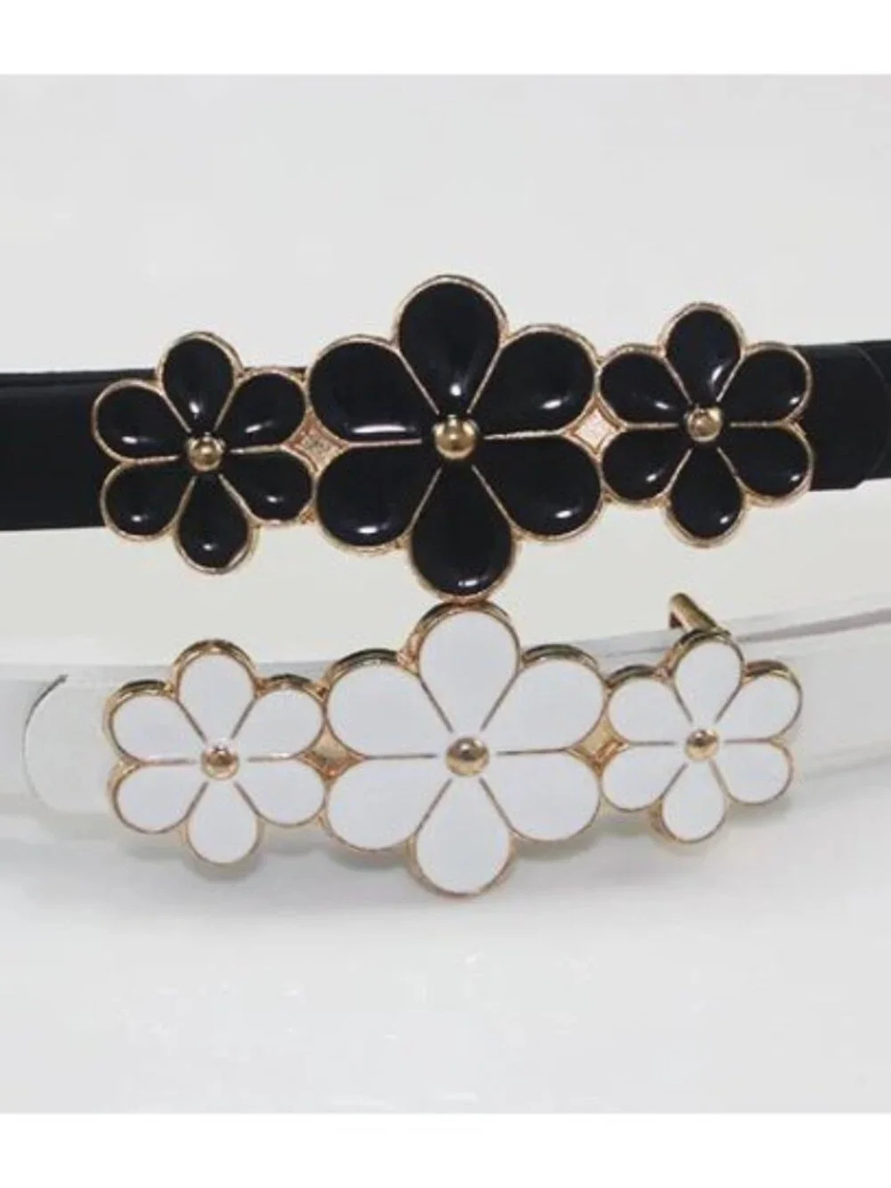 Floral Buckle Skinny Belt Set of 2 - Black & White with Gold Accents